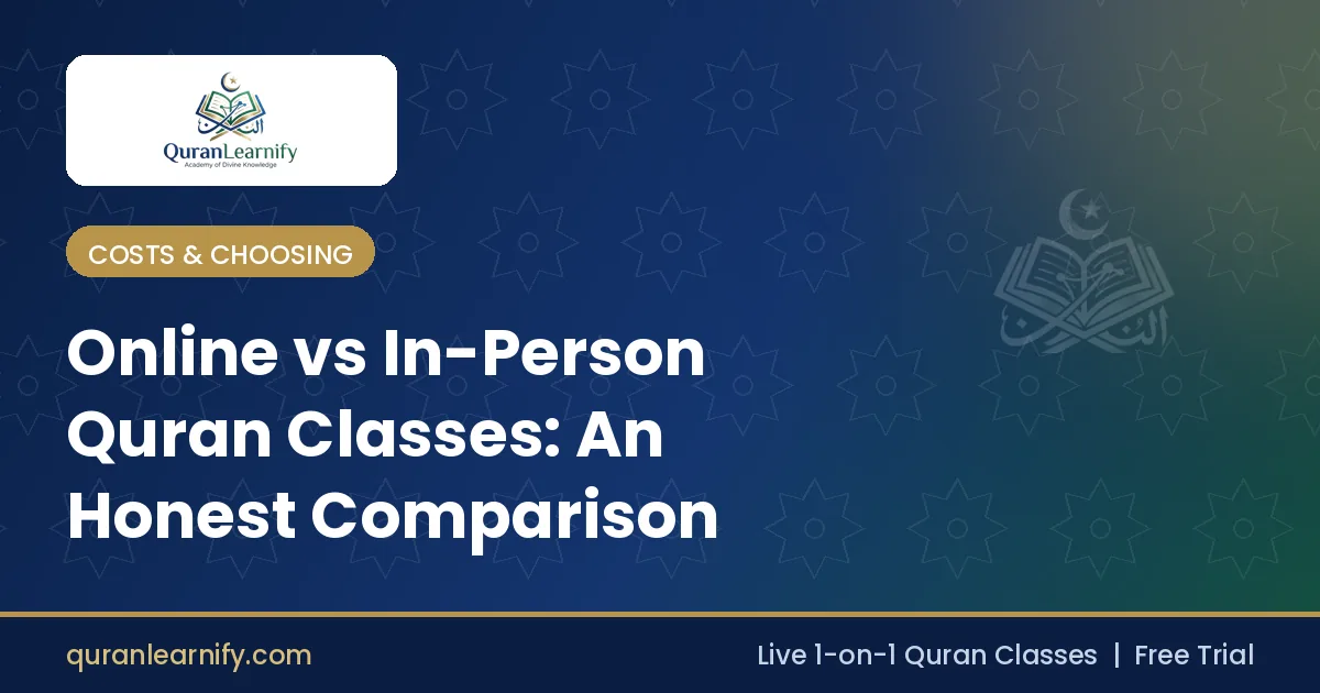 Split image comparing online Quran class and in person masjid class